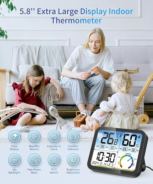 VOCOO Digital Indoor Room Thermometer - 5.8'' Extra Large Display Temperature Humidity Sensor with Accurate Temp Humidity Gauge Monitor, Calibration, Max & Min Records, Comfort, Backlit, Date & Clock