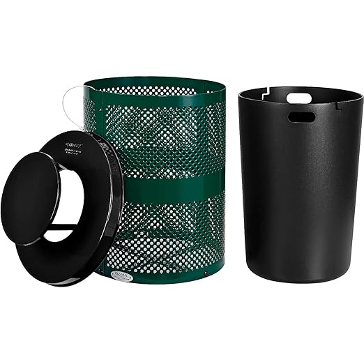 Global Industrial 32 Gallon Outdoor Perforated Steel Round Trash Can with Rain Bonnet Lid, Plastic Liner and Anchor Kit Included, 23-1/2" Diameter x 40-1/2"H, Green