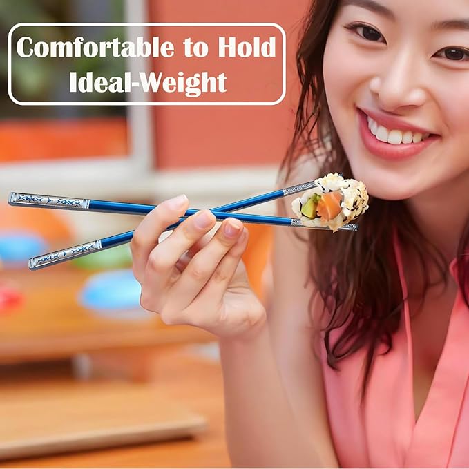 Metal Chopsticks Reusable 1 Pair Stainless Steel Travel Chopsticks Dishwasher Safe Square Lightweight Non-Slip Chop Sticks with case(Blue)