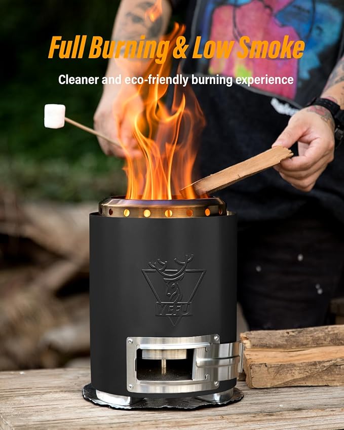 YEFU Tabletop Fire Pit 9.7 x 7.1 in, Flame Intensity Control Camping Stove for Outdoor & Patio, Fueled by Pellets or Wood, Safe Burning Table Top Firepit, with Travel Bag & 2 Mini Sticks, Black