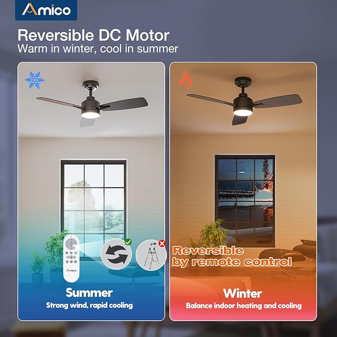 Amico Ceiling Fans with Lights, 44 inch Ceiling fan with Light and Remote Control, Reversible, 3CCT, Dimmable, Noiseless, Small Black Ceiling Fan for Bedroom, Indoor/Outdoor Use