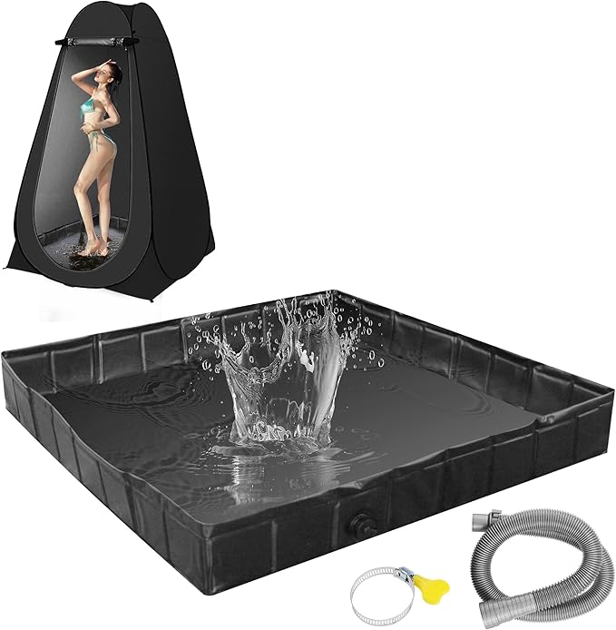 41"x41"x5" Portable Shower Pan Camping Shower Base Collapsible Temporary Shower Stall with Drain Hose Durable Foldable Basin for RV Outdoor Bathing Pets Tent Indoor Outdoor Use
