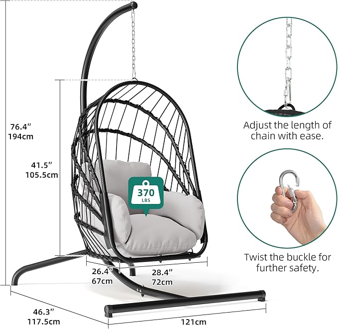 YITAHOME Hanging Egg Chair with Stand, Rattan Wicker Swing Egg Chair with Resistant Cushion, 370lbs Capacity, Foldable Hanging Basket Chair for Porch, Garden, Bedroom, Balcony - Grey