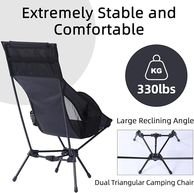 Wildhiker Portable Compact Folding Camping Chairs – Lightweight High Back with Pillow, Deep Recline, ArmPads, Side Pockets-for Motorcycle, RV, Backpacking,Travel，Festival – Black