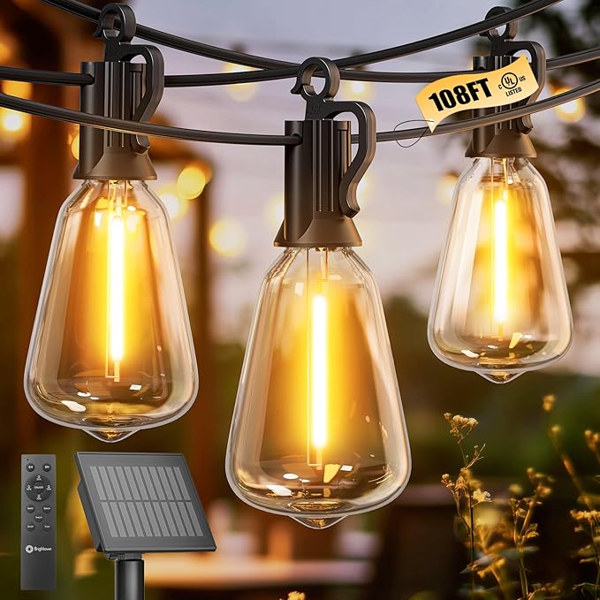 Brightown Solar Lights Outdoor Waterproof 108FT with 50 Shatterproof ST38 LED Bulbs, 2700K Solar Lights Outdoor with Remote, Solar String Lights for Outside, Camping, Yard, Party Decor
