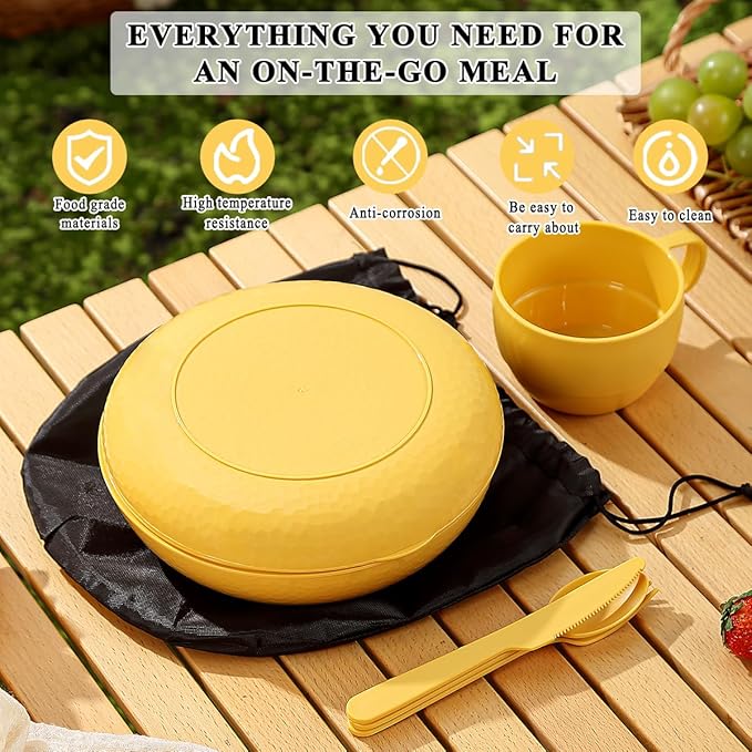 Berglander Camping Mess Kit with Bowl, Plate, Cup, Spoon, Fork, Knife and Carry Bag, Save Space, Easy to Carry, Plastic Camping Essentials Utensils for Travel, Picnic, Outdoor (Gold Yellow)
