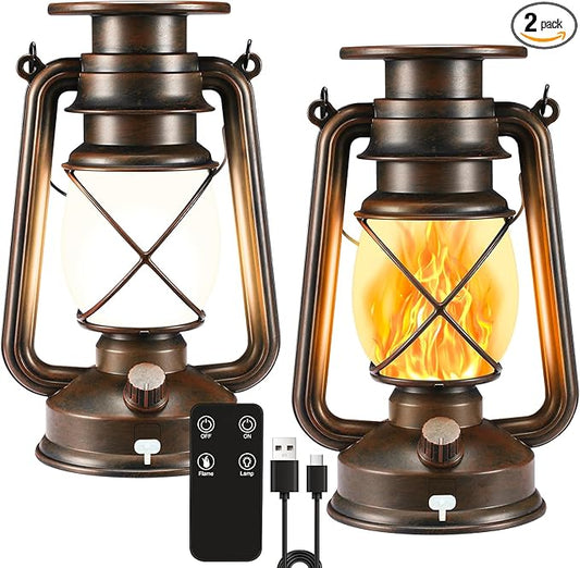 Solar Lantern Outdoor, Hanging Solar Lights Flickering Flame LED Vintage Lantern, Waterproof Camping Lamps, Auto On/Off Landscape Decor for Patio Garden Yard Pathway Porch, Rechargeable Lanterns 2Pack