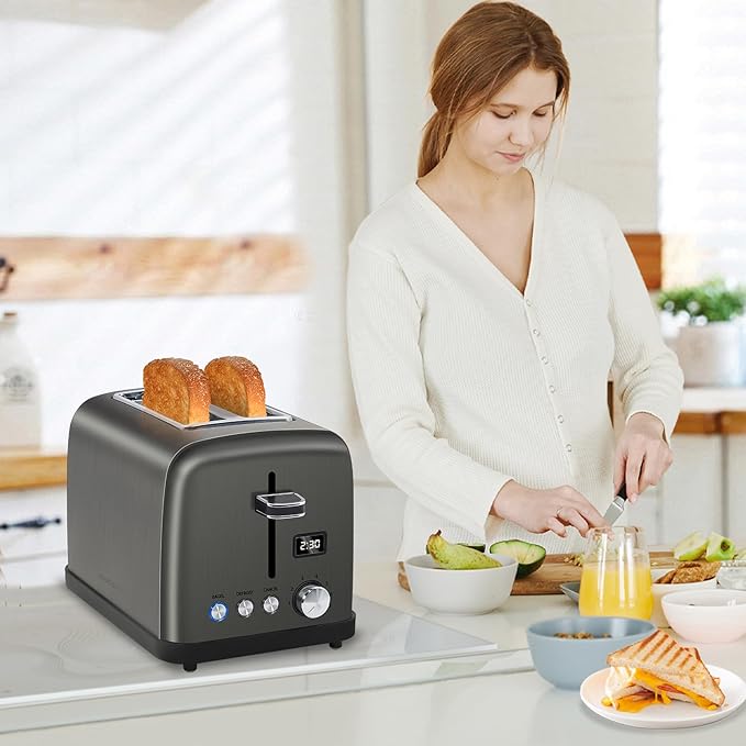 SEEDEEM Toaster 2 Slice, LCD Display, 7 Shade Settings, 1.4'' Wide Slots, Stainless Steel Digital Toaster for Bagel, Defrost, Reheat, Removable Crumb Tray, 900W, Grey