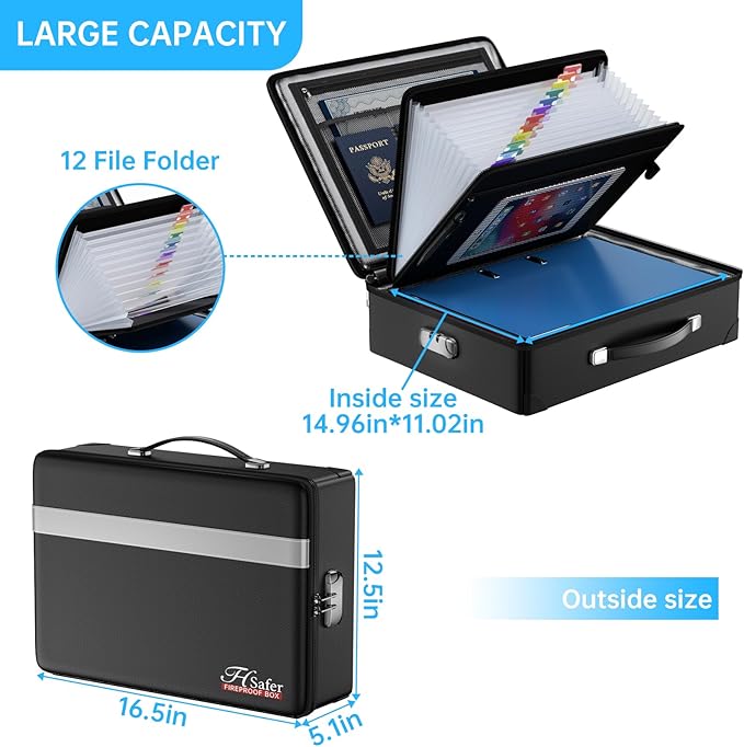 Fireproof Document Box with lock, File Organizer with Fireproof Zipper, Hard Shell Fireproof & Waterproof Storage box, Portable Safe for Home, Important Documents, Laptop, Black