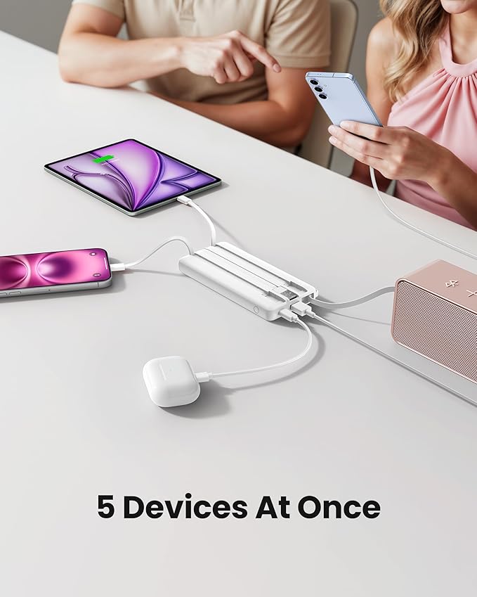 Portable Charger Compatible with iPhone 17, 10000mAh Slim Power Bank with Built-in Cables, External Battery Pack 5 Outputs 2 Inputs LED Display Compatible with iPhone/Android & More (White)