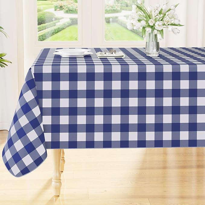 Smiry Rectangle Table Cloth, Waterproof Vinyl Tablecloth with Flannel Backing, Wipeable Buffalo Plaid Table Cover for Dining, Indoor and Outdoor (Navy & White, 52"x70")