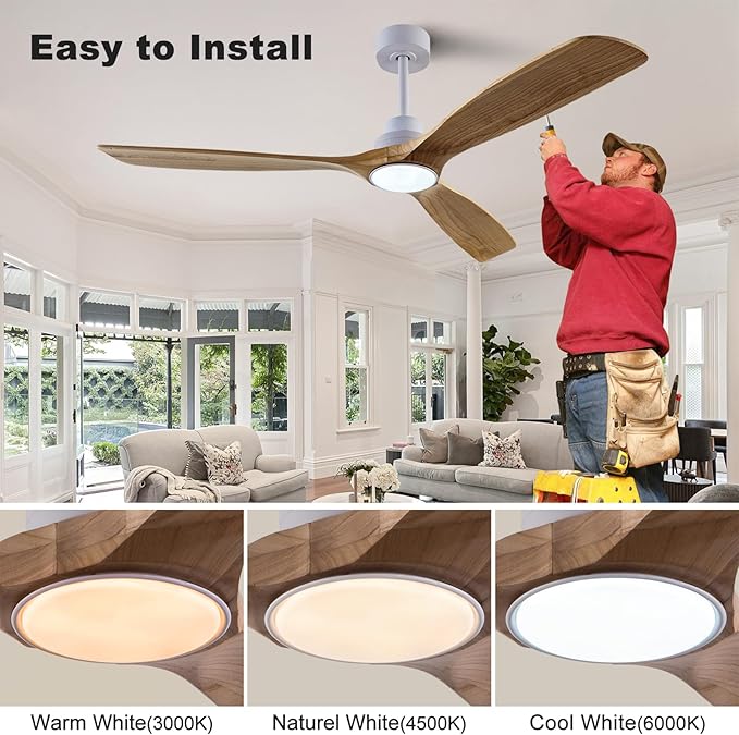 60" Wood Ceiling Fan with Lights Remote Control,Quiet DC Motor 3 Blade Ceiling Fans for Patio Living Room, Bedroom, Office,Indoor Outdoor(Raw wood+White)