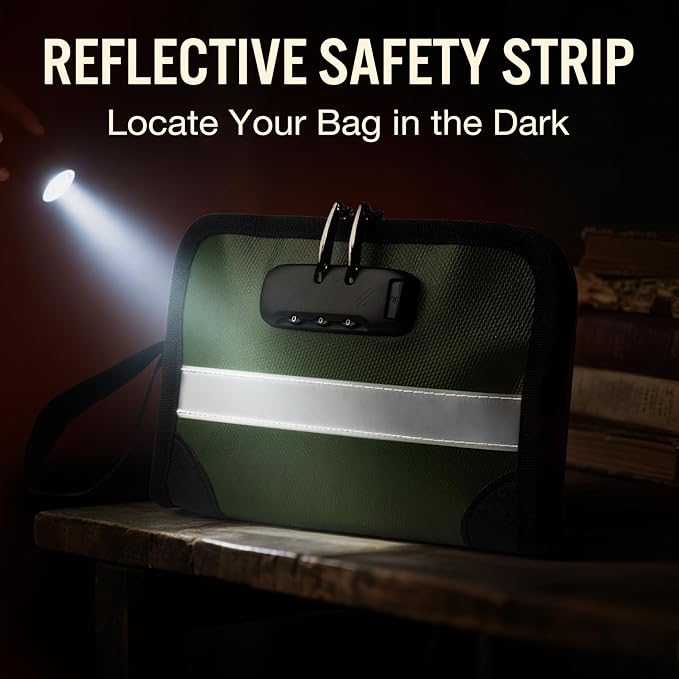 Fireproof Document Bag with Lock and Zipper – Fireproof Money Pouch with Reflective Strip, Wide Opening, Large Capacity (1.57" x 8.66" x 6.3"), Secure Cash, Phones, Cards & Passports – Green, Small