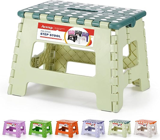ACSTEP 9 Inch Folding Step Stool 300 LB Capacity Plastic Foldable Step Stools for Kids and Adults, Folding Stool Suitable for Kitchen, Stepping Stool with Handle Bicolor Green Small Step Stool 1PC