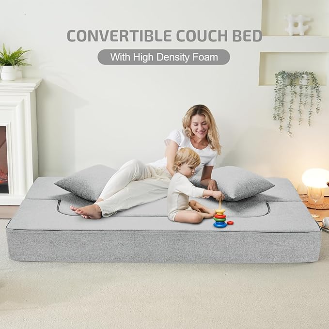 2-in-1 Folding Sofa Bed with Pillows - Folding Chair Floor Couch & Sleeping Mattress - Washable Cover & Memory Foam Sleeper Chair for Living Room/Guest Room/Apartment/Loft, Light Gray, Twin