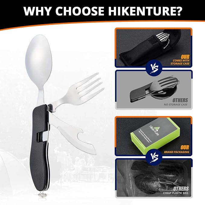 HIKENTURE Camping Utensils with Case 4-in-1 Folding Flatware Stainless Steel Fork Knife Spoon Bottle Opener Travel Cutlery Hobo Multitool Set(Black 2 Pack)
