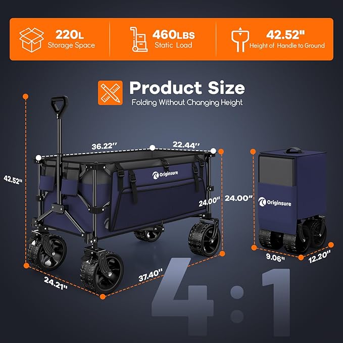 220L Collapsible Wagon Cart Foldable, 460LB Load Capacity Heavy Duty Folding Beach Wagons with Big All-Terrain Wheels, Utility Carts for Groceries, Camping, Sports - Grey&Purple