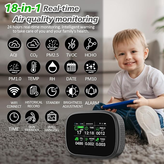 18-in-1 Smart Air Quality Monitor - Indoor WiFi Air Quality Detector with Dual Chip, Real-Time for AQI, CO2, PM2.5, PM1.0, PM10, TVOC, HCHO, Time Display, Temperature & Humidity with APP (Black-Black)