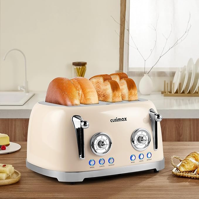 CUSIMAX Retro 4 Slice Toaster With Wide Slots for Bagels, Stainless Steel, 6 Toast Settings, Bagel, Cancel, Defrost & Reheat Functions, Dual Independent Control Panels, Cream