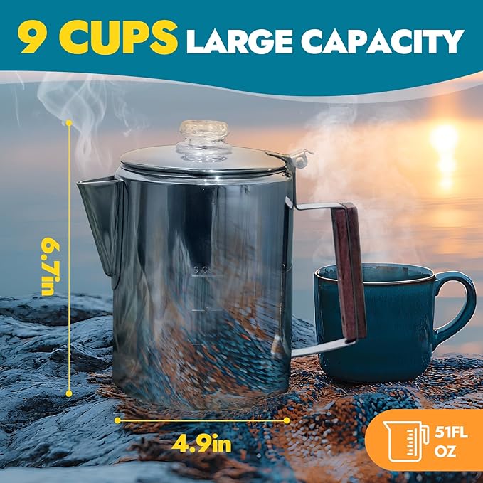 CANWAY Percolator Coffee Pot & Portable Camping Stove Set for Backpacking Hiking Stainless Steel Mini Wood Burning Stove 9 CUP Camping Stovetop Coffee Maker Outdoor Home with Carry Bag