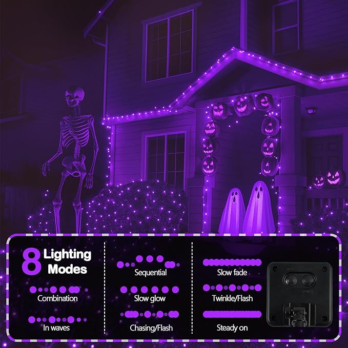 Halloween Solar String Lights, Extra-Long 2 Pack 144FT 400LED Super Bright Solar Fairy Lights Outdoor, 8 Modes Waterproof Copper Wire Twinkle light for Garden Tree Party Halloween Decorations (Purple)