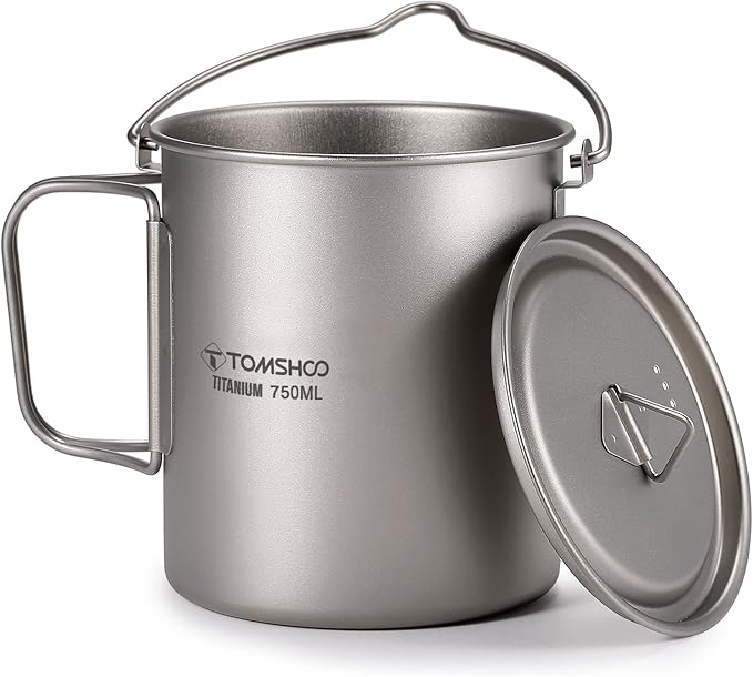TOMSHOO Titanium Pot 750ml/25.4 oz Outdoor Mug with Lid - Foldable Handle for Camping, Hiking, Travelling, Backpacking, Open Fire