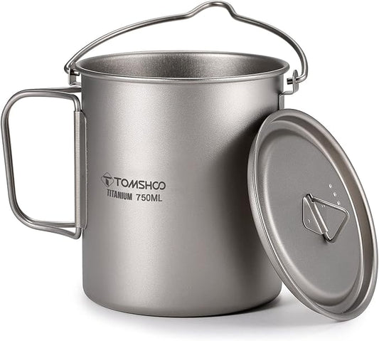 TOMSHOO Titanium Pot 750ml/25.4 oz Outdoor Mug with Lid - Foldable Handle for Camping, Hiking, Travelling, Backpacking, Open Fire