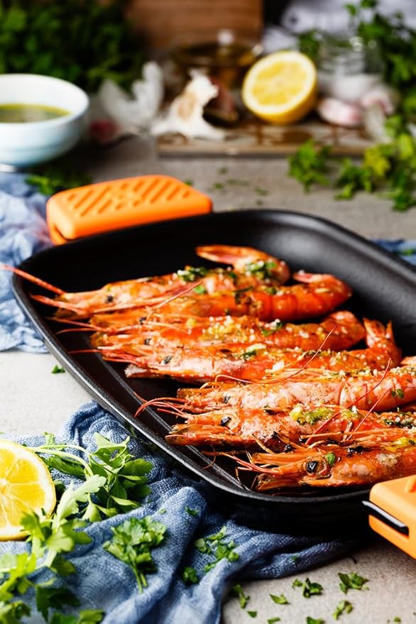 BRA COOKWARE Efficient Iron Rectangular Ribbed Grill | 13 inches x 8.7 inches Cast Iron Rectangular Griddle | All Heat Sources Compatible | PFOA Free | W/o Non-Stick | Silicon Handle | Non Deformable