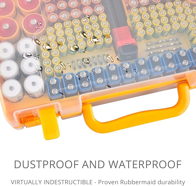 Battery Organizer Storage Holder Box Case with Tester- 269 Batteries Double-Sided Variety Pack, Holds AA AAA 4A C D Cell 9V 3V Lithium LR44 CR2 CR123 CR1632 18650 Button- Yellow (Box Only)