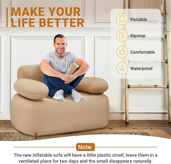 KingCamp Inflatable Couch for Camping, Portable Foldable Eco-Friendly Reach-Certified PVC Liner Air Lounger Blow Up Sofa with Foot Pump, Pegs, Repair Kit & Removable Cover