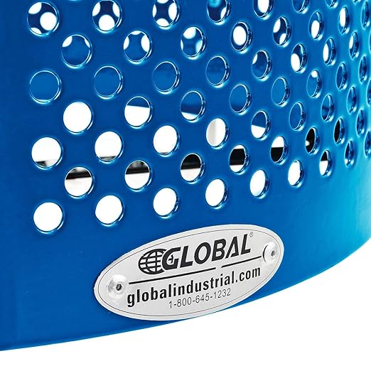Global Industrial 32 Gallon Outdoor Perforated Steel Round Trash Can with Rain Bonnet Lid, Plastic Liner and Anchor Kit Included, 23-1/2" Diameter x 40-1/2"H, Blue