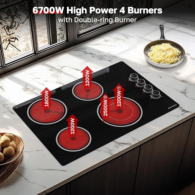 ThermoMate 30 Inch Electric Cooktop, 4 Burners Knob Control Built-in Ceramic Cooktop, 30" Radiant Electric Stove Top of 6700W with 9 Heat Levels, Hot Surface Indicator, 220-240v, Hard Wired