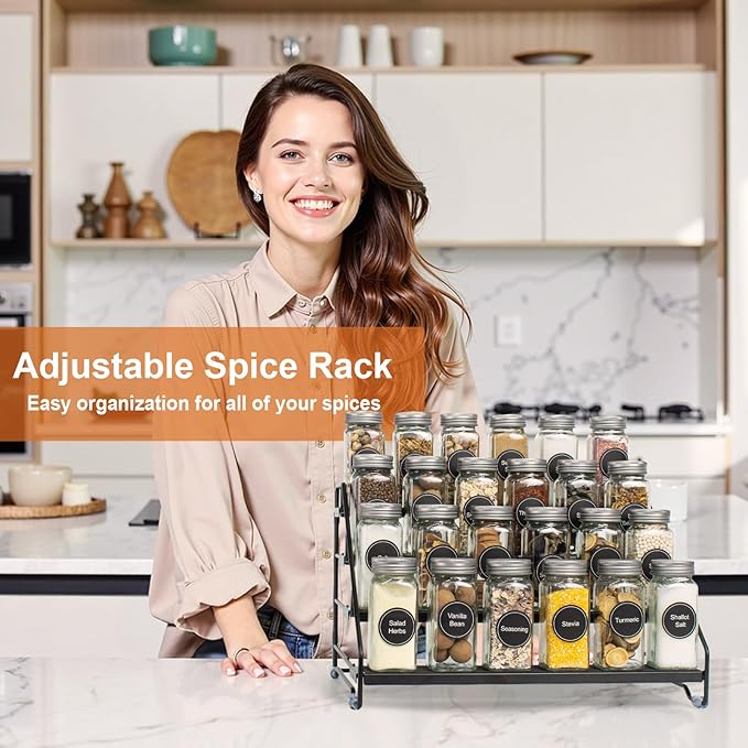 4 Tier Spice Rack Organizer for Cabinet, Step Adjustable Spice Shelf Seasoning Organizer with Non Slip Tiers, Expandable Metal Spice Rack for Kitchen Countertop, Pantry, Cupboard – Black
