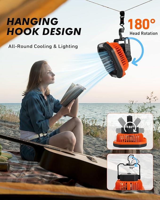 DUKUSEEK Camping Fan with LED Lantern & Remote, 25H Work Time Battery Operated Fan with Hang Hook for Tent, Portable Ceiling Tent Fan with Remote for RV Outages Emergency Desk Bedroom