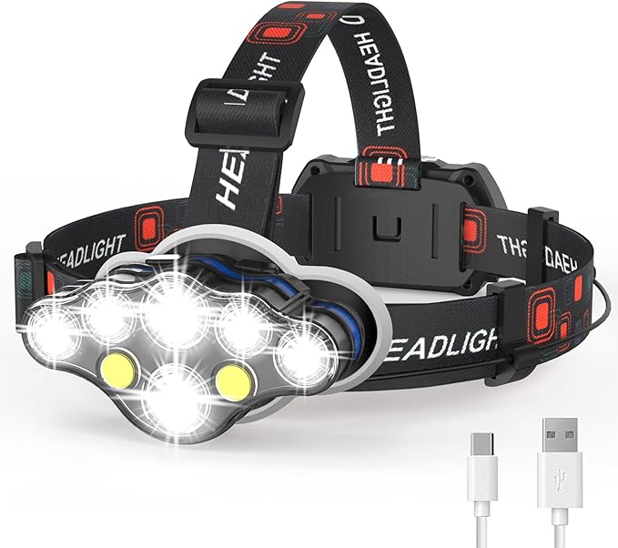 Rechargeable Headlamp, High Lumen Bright 8 LED Head Lamp with Red White Light, IPX4 Waterproof Headlight,8 Mode Head Flashlight for Outdoor Running Hunting Fishing Hiking Camping Gear