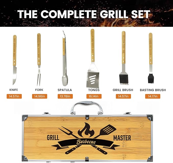 Griddle Accessories Kit, Grill Accessories Set for Outdoor BBQ, Heavy Duty Stainless Steel Griddle Spatula Set Wooden Handling Grilling Tools with Case with Tongs Spatulas for Birthday Gifts for Men