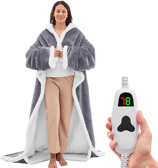 greenoak Wearable Heated Throw Blanke Electric Snuggle - Heated Robe with Foot Pocket for Adult, Winter Gifts for Mom Women 5-Position Timer 10-Heating Levels,50 * 70",Grey