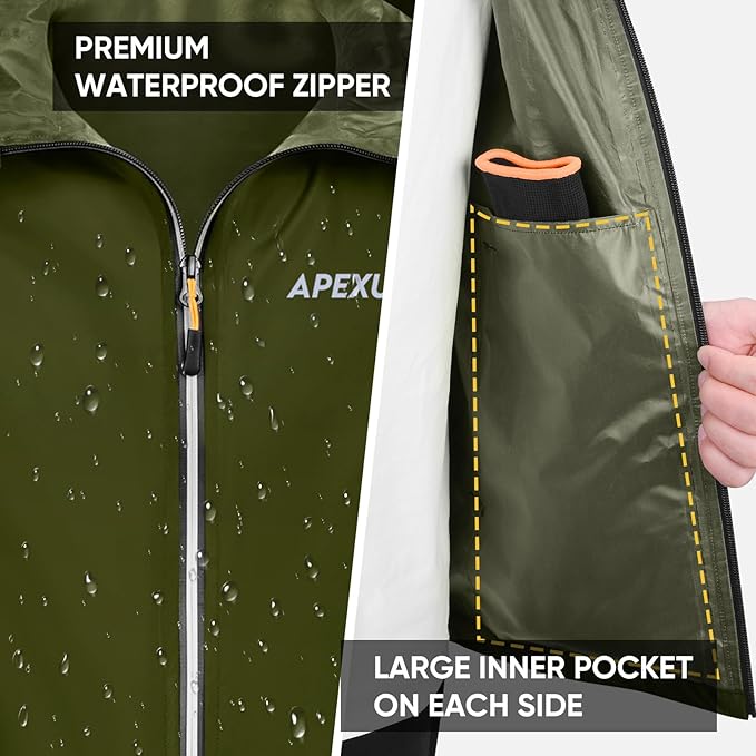 APEXUP Packable Rain Jacket Men with Reflective Zipper, Lightweight Waterproof Raincoat, Mens Rain Jacket for Outdoor Sports