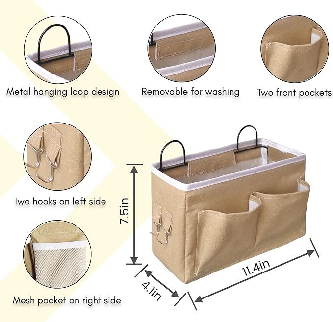 2pcs Middle Wall Hanging Organizer Bag, Linen Fabric Door Hanging Storage Basket with Pockets, Waterproof Bin for Kitchen, Bedroom, Office, RV Camper (Khaki)