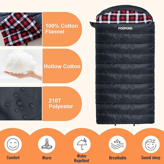 0 Degree Sleeping Bag 100% Cotton Flannel XXL Cold Weather Winter Oversized Sleeping Bag for Adults Camping Zero Degree Big and Tall with Compression Sack