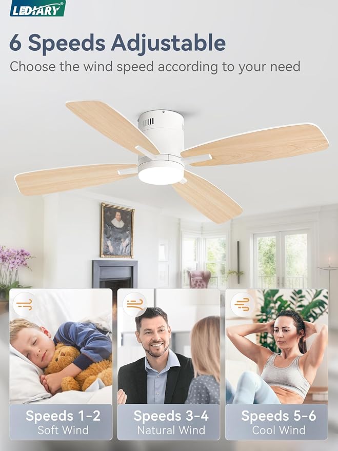 LEDIARY 52 inch Ceiling Fans with Lights and Remote Control,Flush Mount Ceiling Fan with Quiet Reversible DC Motor,White Modern Low Profile Ceiling Fan with Light for Bedroom Living Room Patio