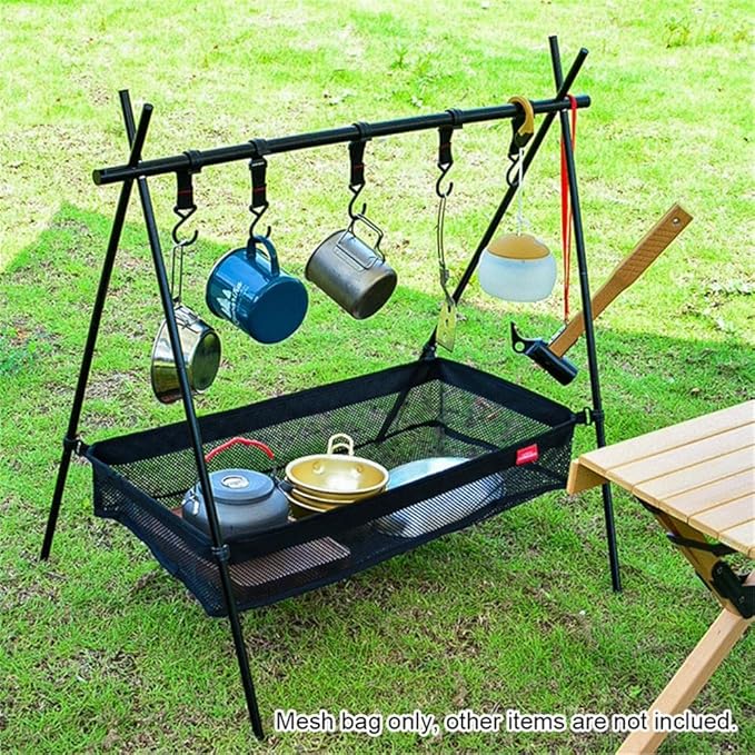 HUIOP Black Rustic/Outdoor Under Table Storage Bag, Mesh Caddy, Camping Table Tripod Rack Organizer