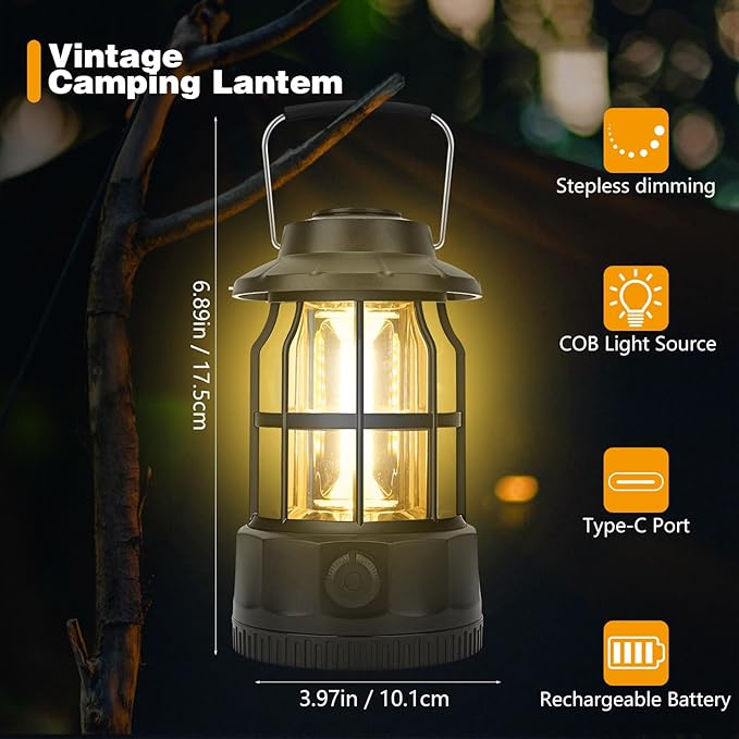 Camping Lantern Rechargeable USB Powered, Stepless Dimmer, Metal Retro Camping Light Waterproof Hanging LED Vintage Tent Lamp for Outdoor Hiking Fishing Emergency (Black)