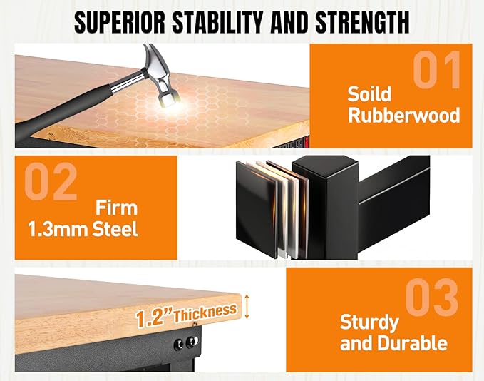72” Adjustable Height Workbench, 5000 LBS Heavy Duty Table Rubber Wood Workstation with Power Outlet & Pegboard for Garage, Office, Workshop, Home,Commercial