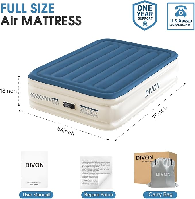 DIVON Air Mattress Full with Built in Pump,18’’Thicken Inflatable Mattress in 3 Mins,Foldable Blow Up Mattress,Portable Full Size Air Mattress for Camping,Travel&Floor,Air Bed for Adults,660lbs
