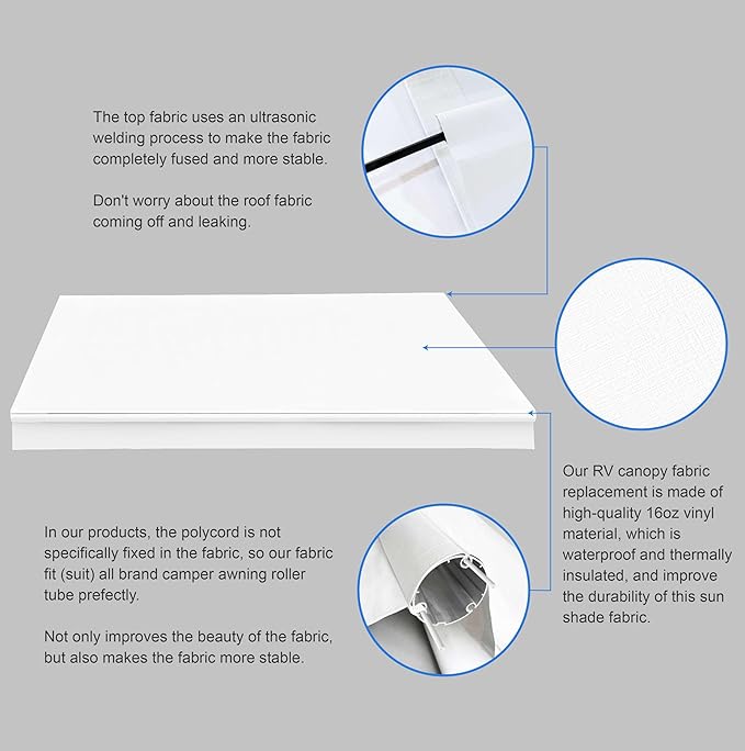 AWNLUX-RV Awning Fabric Replacement - Heavy Duty Weatherproof 4-Ply Vinyl Camper Awning Fabric - Universal Outdoor Canopy for Camper, Trailer, and Motorhome Awnings - Solid White - 15' (Fabric 14'2")