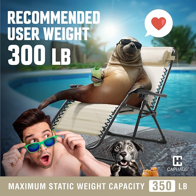 CAPHAUS Beige Zero Gravity Reclining Lounge Outdoor Chair, Zero Gravity Recliner, Anti-Gravity Chair for Indoor & Outdoor, Folding Reclining Chair w/Side Tray, Beige