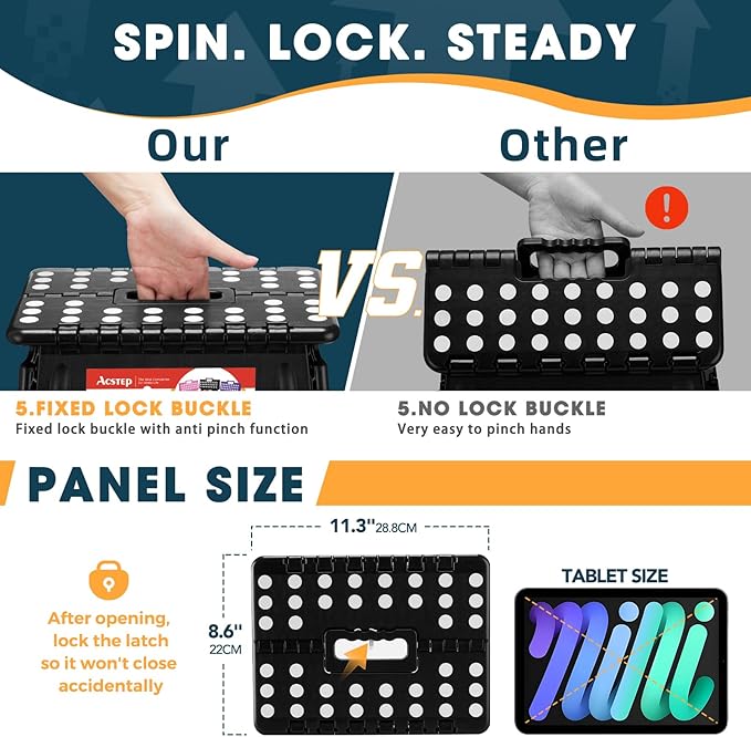 ACSTEP Folding Step Stool 17.5 Inch Heavy Duty Step Stool Foldable for Adults and Kids, Collapsible Stepping Stool with Handle, Non Slip Folding Stools for Kitchen Hold Up to 400lbs (Black 1PC)