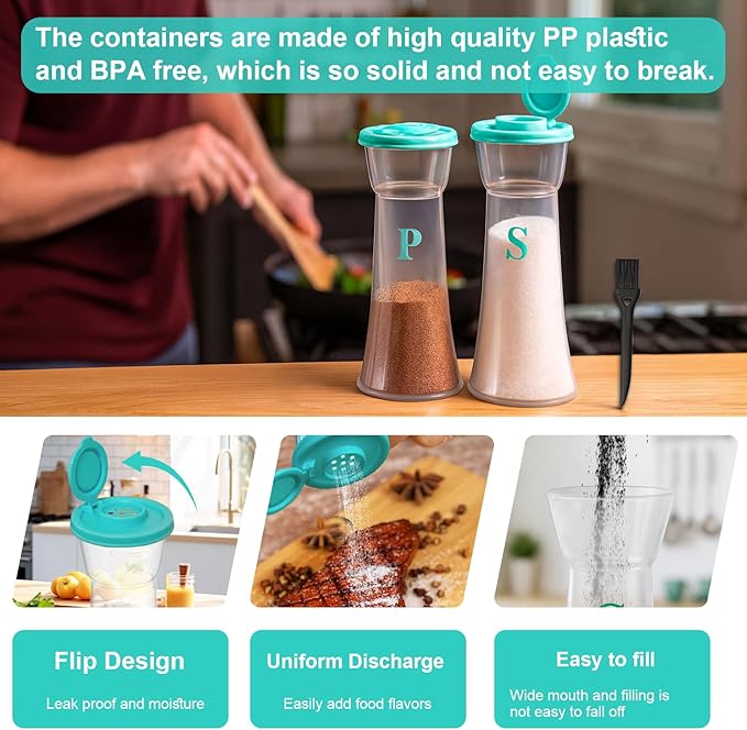 Set of 2 Clear Salt and Pepper Shakers, Plastic Spice Jars with Colorful Lids, Leakproof Moisture-Proof for Home Kitchen Restaurant, Camping, Travel, Picnic (Light Green)