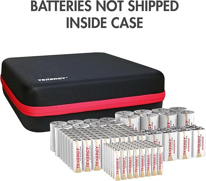 Tenergy Alkaline Batteries & Storage Case, 48xAAs, 48xAAAs, 8xC Size, 8xD Size, 8 Pack 9V Size Batteries, and Battery Organizer Case